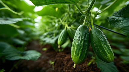 Fresh green cucumbers growing in garden healthy organic food cucumber plant growing vegetables agriculture harvest