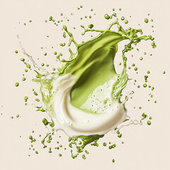 Dynamic splash of green matcha with milk on beige background. Creative banner for cafe menus, matcha latte promotion and healthy drink advertising. Vibrant organic concept.