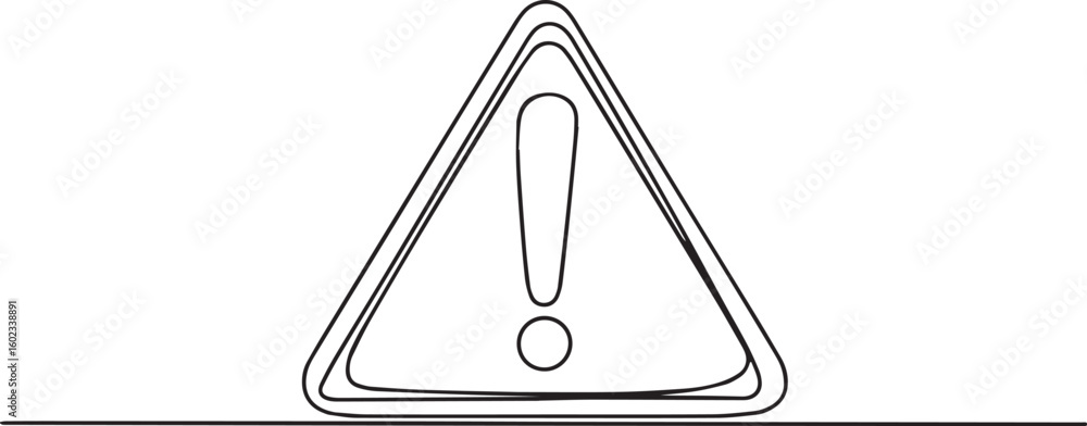 Poster continuous one line drawing of dangerous warning sign with exclamation mark in triangle icon in mini