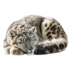 Fototapeta premium Sleeping snow leopard laying down peacefully on the ground and fluffy tail wrapped around body and isolated white background Batch realistic clean bright simple modern stock image isolated on plain