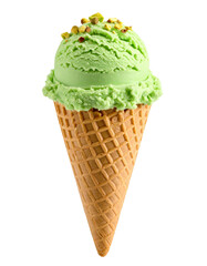 Pistachio Ice Cream on Cone, Isolated on Transparent Background