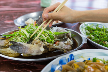 Steamed fish in seafood restaurants