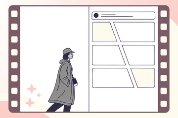 Stylish person in a long coat and hat walks past a social media feed displayed on a film strip background