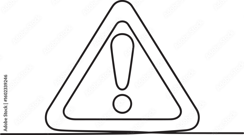 Poster continuous one line drawing of dangerous warning sign with exclamation mark in triangle icon in mini