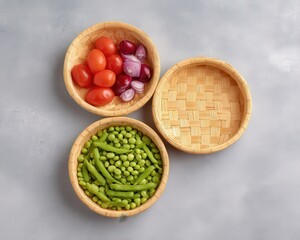 Bamboo trays carrying assorted raw ingredients to table