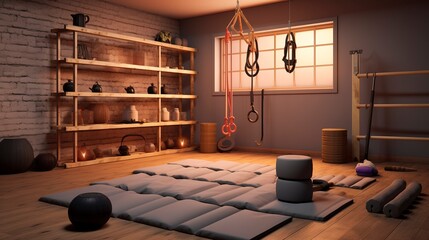 A photo of a yoga room with props like blocks and stress