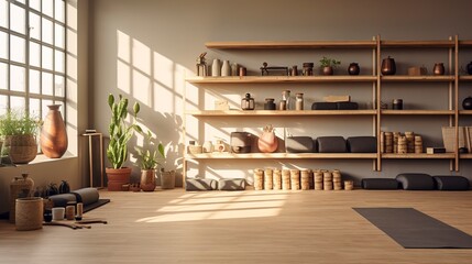 A photo of a yoga room with props