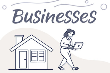 A woman works on her laptop while walking past a house illustrating the concept of businesses and remote work