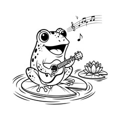 Whimsical Black and White Cartoon Frog Playing Ukulele on Lily Pad with Musical Notes and Water Lily