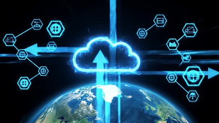 Digital Cloud Data Network Over Earth Globe with Glowing Arrows and Hexagonal Icons Technology Concept on Black Background - Powered by Adobe