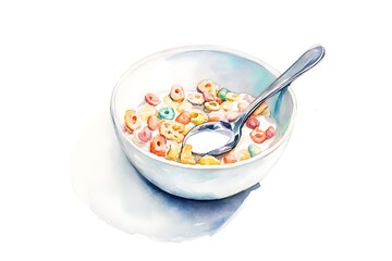Colorful cereal bowl with spoon and milk watercolor painting
