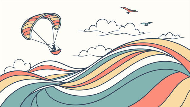 A lone paraglider soars gracefully above a vibrant abstract landscape of colorful waves under a sky dotted with fluffy clouds and soaring birds