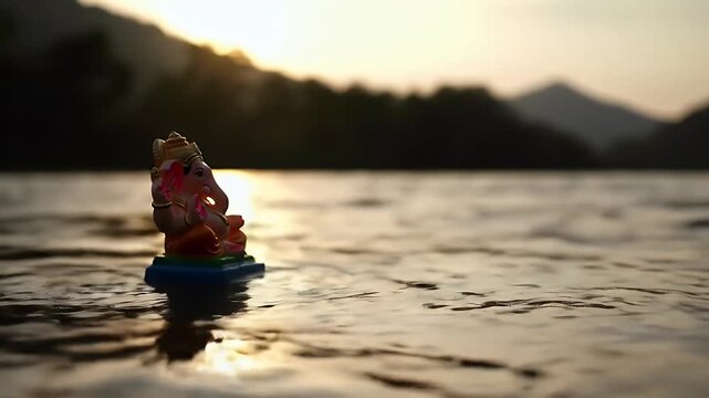 Ganesha statue floating slowly on the river at dusk, golden sunlight reflection on the water surface, blurred background of mountains and orange sky