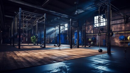 A photo of an empty CrossFit gym with functional trail