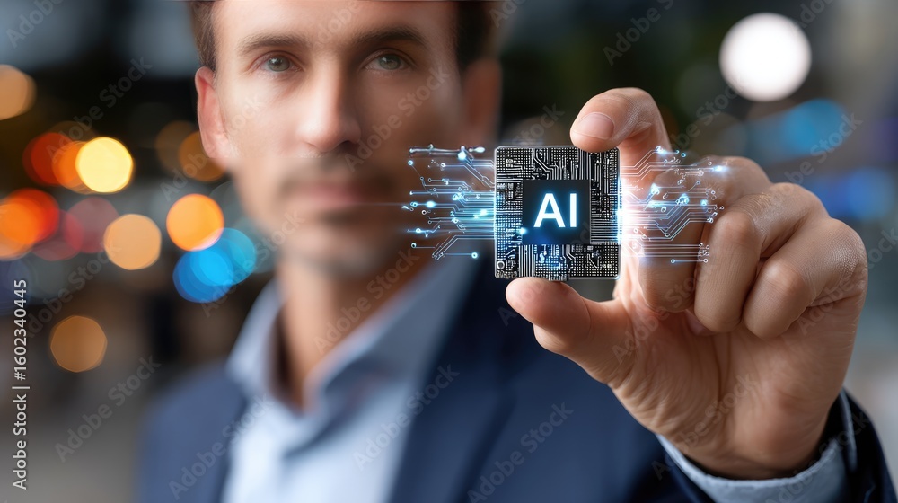 Poster ai technology in hands: a visionary holds up a sophisticated ai chip, embodying the future of techno