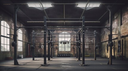 A photo of an empty CrossFit gym with pull-up bars.