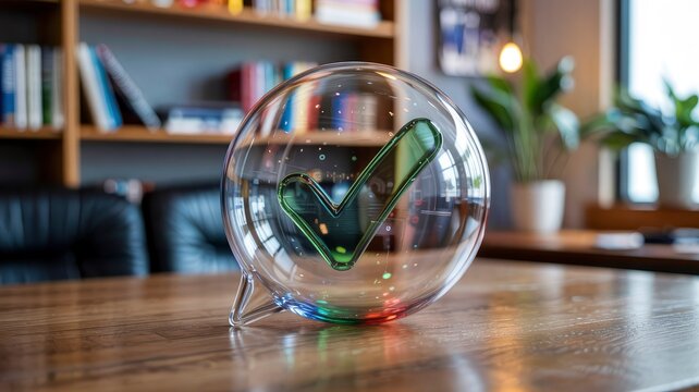 Glass Sphere with Check Mark Symbol on Wooden Table in Modern Office Setting