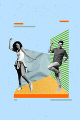 Template pop collage of people clubbing lawn grass element blue color background