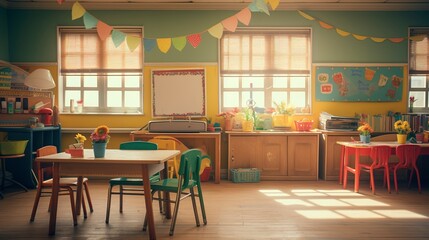 A photo of an empty daycare classroom filled with education tools