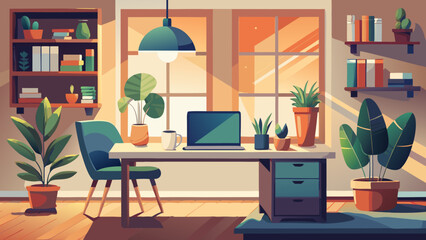 Flat vector illustration of a cozy home office setup with a laptop, coffee mug, bookshelves, and indoor plants