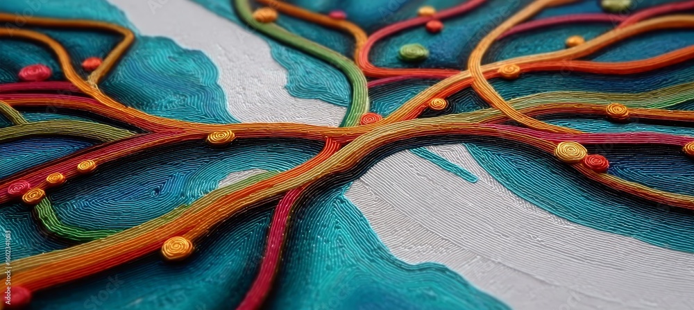 Poster entangled routes a vivid display of colorful fiber strands intertwined in dynamic abstract art