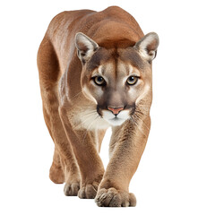 Obraz premium Sneaky mountain lion in prowling pose and focused eyes and sleek body and ready to hunt and isolated white background Batch realistic clean bright simple modern stock image isolated on plain backg