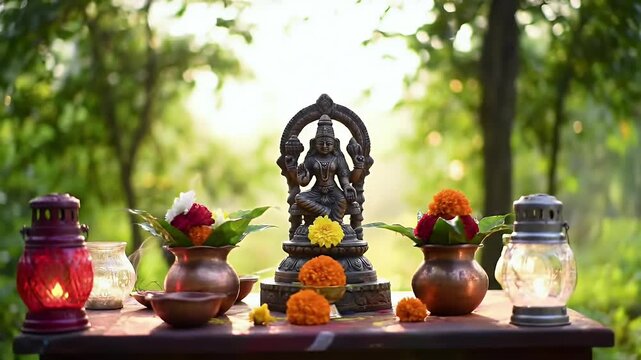 a worship table in the garden with a small statue of Parvati, surrounded by offerings and lit lanterns, a background of green trees and morning sunlight