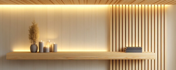 Minimalist decor on shelf, warm lighting illuminating stylish vases and bowls, modern aesthetic ideal for interior design inspiration.