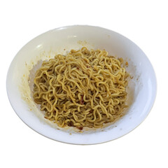 Spicy fried noodles in white bowl with transparent background
