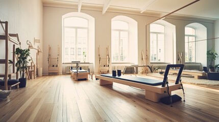 A photo of an empty Pilates studio with reformer machine