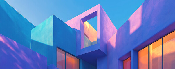 Modern architectural design, vibrant hues reflecting in geometric structures, conveying innovation and creativity, ideal for tech projects.