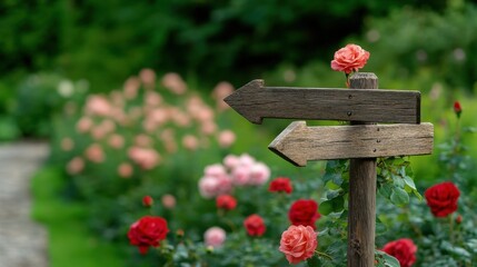 Close-up of rustic wooden arrows on a signpost surrounded by vibrant red and pink roses in a peaceful garden