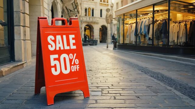 Orange sale sign on paved street, with clothing store window in the background.