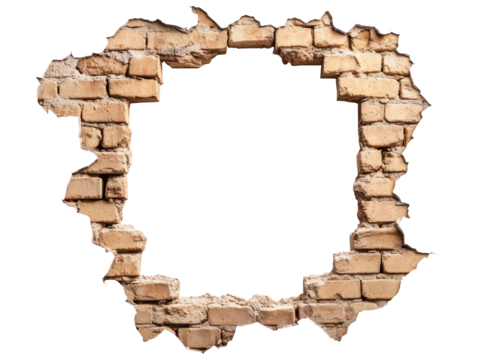 A Hole in the Brick Wall: This image captures a close-up of a hole in a brick wall, revealing a stark void within. This image evokes themes of destruction, opportunity, and transformation.