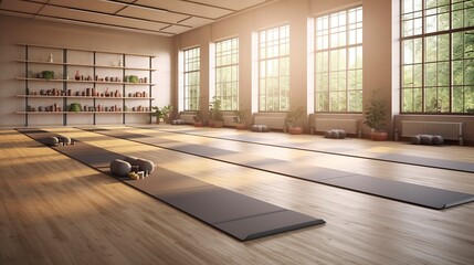 A photo of an empty yoga studio with mats laid out.