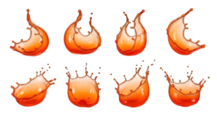 Orange liquid splashes in motion, isolated on black background