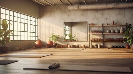 A photo of an empty yoga studio with props in place.