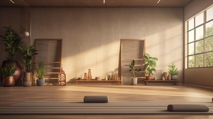 A photo of an empty yoga studio with props in place.