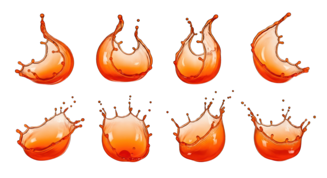 Orange liquid splashes in motion, isolated on black background