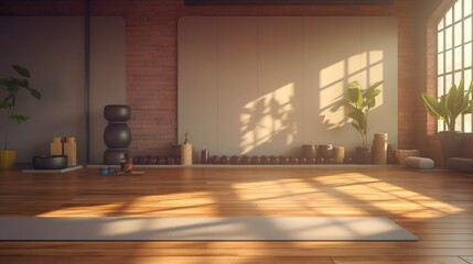 A photo of an empty yoga studio with props in place.