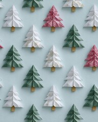 Christmas origami trees forming a festive pattern on light blue background