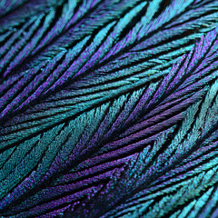 Iridescent peacock feather showing extreme close up of texture