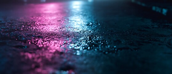 Neon light reflecting on wet asphalt at night