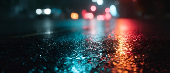 Neon lights reflecting on wet asphalt at night