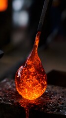 Glassblower shaping molten glass into a sphere with metal rod