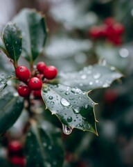 Melting snow dripping from holly leaves with red berries in winter