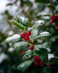 Melting snow dripping from holly leaves and red berries in winter