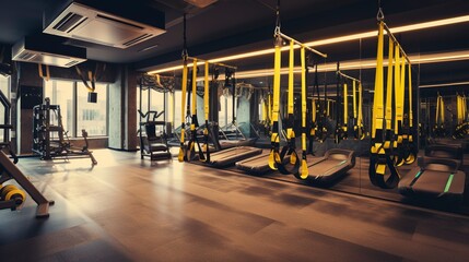 A photo of an open fitness studio with TRX suspension