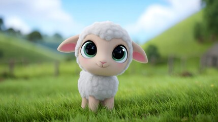 Cute lamb standing in green meadow with sparkling eyes, comic illustration