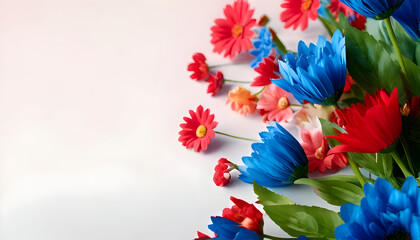 A vibrant arrangement of blue, red, and pink artificial flowers against a soft background.